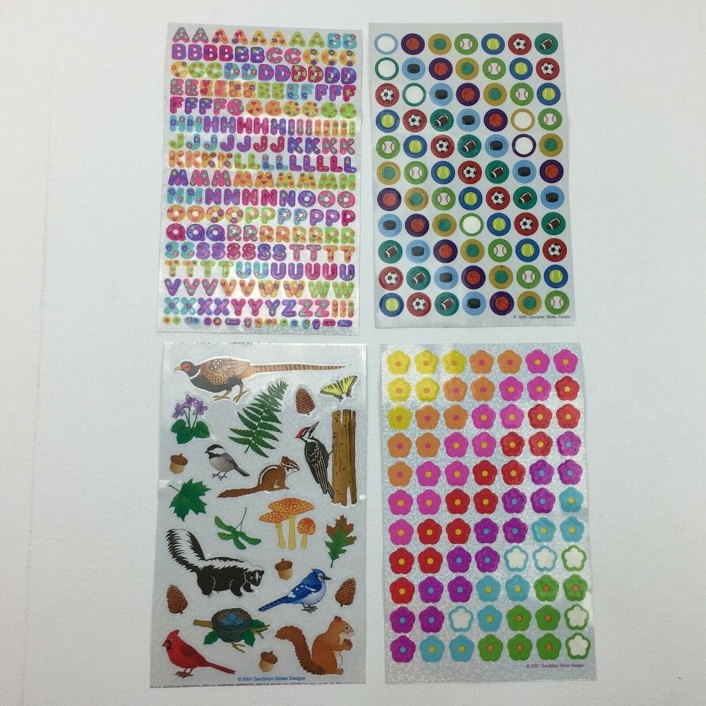 Vintage Sandylion Stickers Sports Animals Small Letters Floral Flowers 4 Sheets